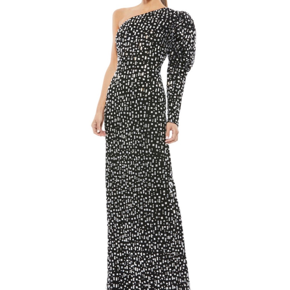 BEJEWELED PUFF SLEEVE ONE SHOULDER GOWN by Mc Duggal